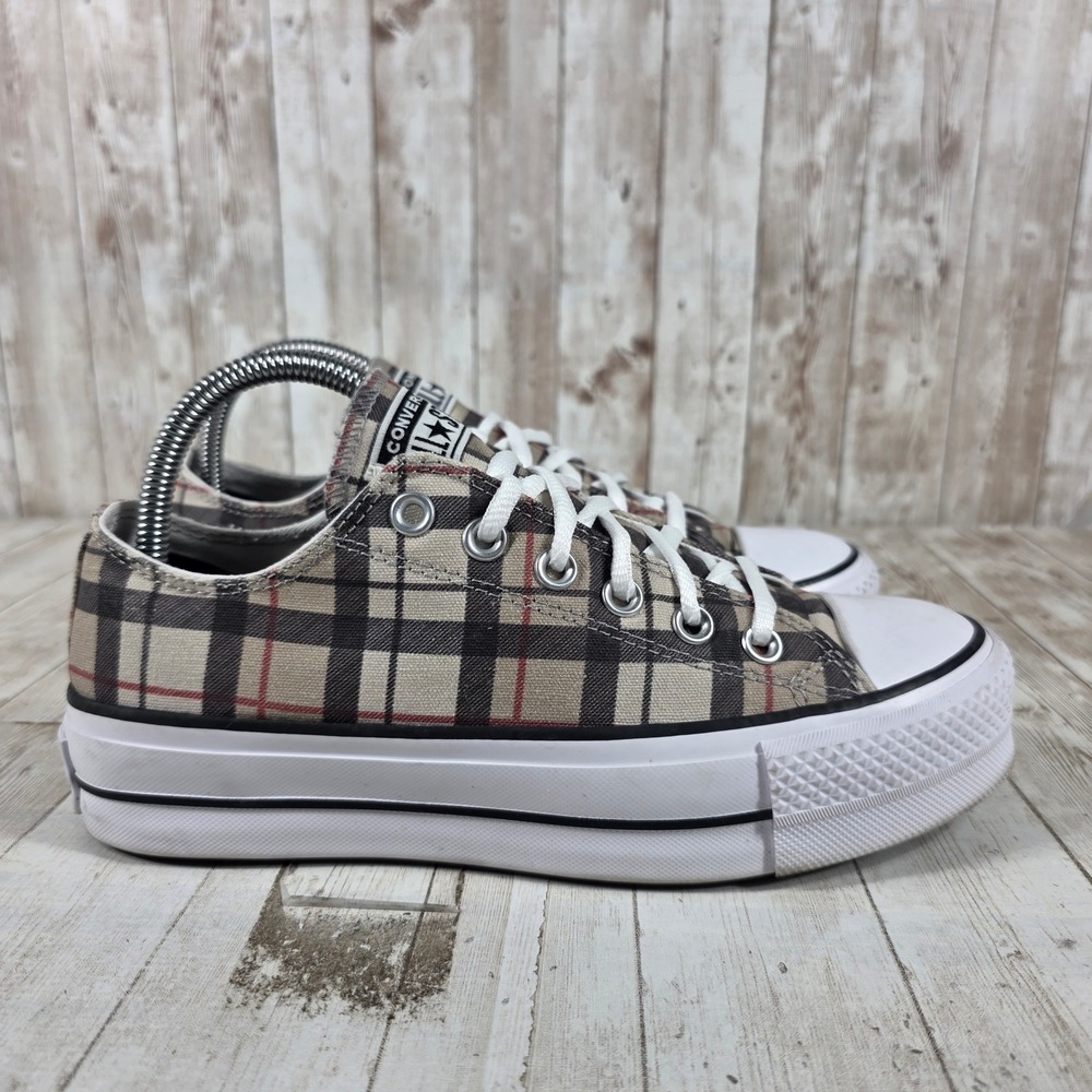 Converse Chuck Taylor All Star Lift Platform Plaid Tan Black Red Womens 7.5